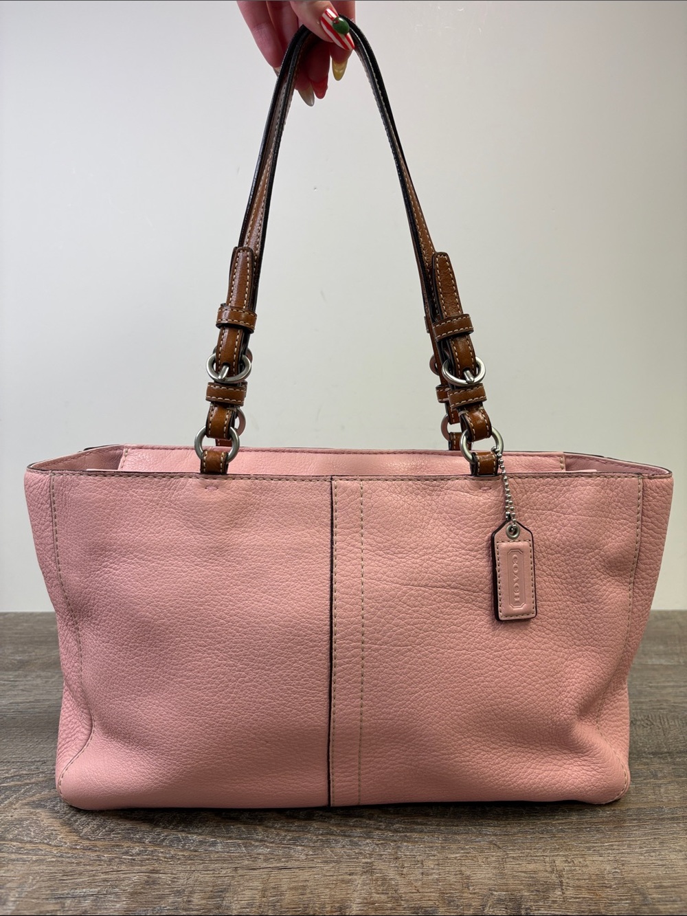 Coach Chelsea Pink Pebbled Leather Tote Shoulder Bag Tan Leather Straps